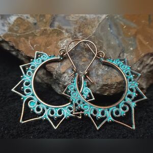 Elegant Turquoise & Bronze Lotus Flower Hoop Earrings